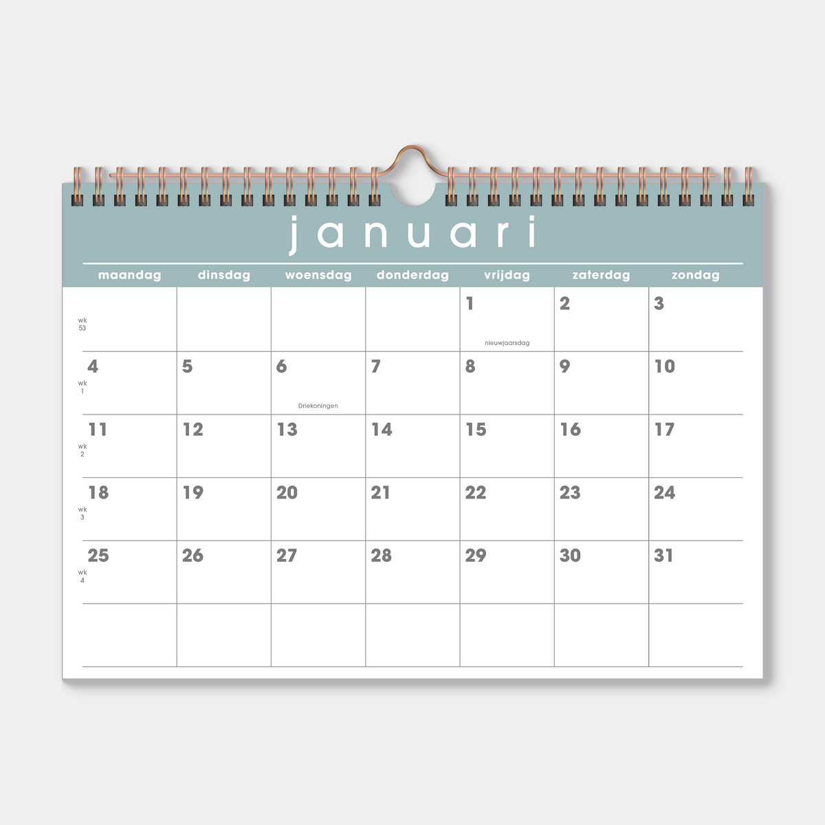 Maandkalender 2027 in A4 formaat met grijsgroene accenten en metalen spiraal – maandoverzicht.