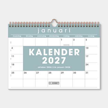 Maandkalender 2027 in A4 formaat met grijsgroene accenten en metalen spiraal – vooraanzicht.