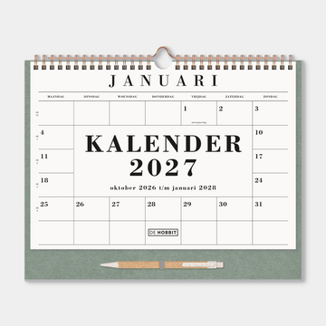 Maandkalender 2027 in A4 formaat op een groen kartonnen bord met pen en metalen spiraal – vooraanzicht.