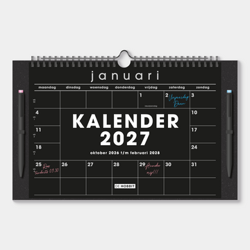 Maandkalender 2027 met zwart papier en 2 gekleurde pennen, op stevig kartonnen bord – vooraanzicht.