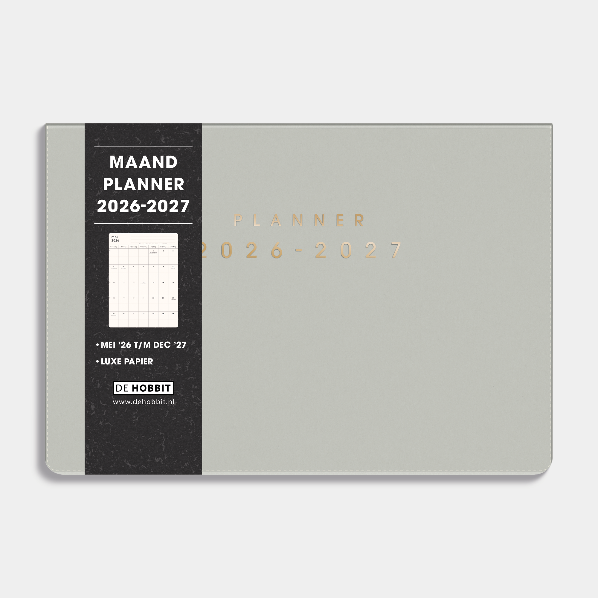 Maandplanner 2026-2027 A5 met een flexibele lichtgrijze coverhoes, vooraanzicht met informatieve banderol.