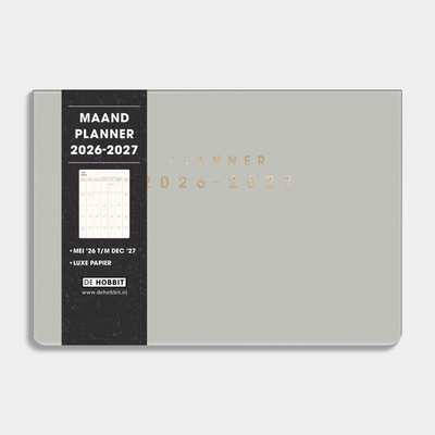 Maandplanner 2026-2027 A5 met een flexibele lichtgrijze coverhoes, vooraanzicht met informatieve banderol.