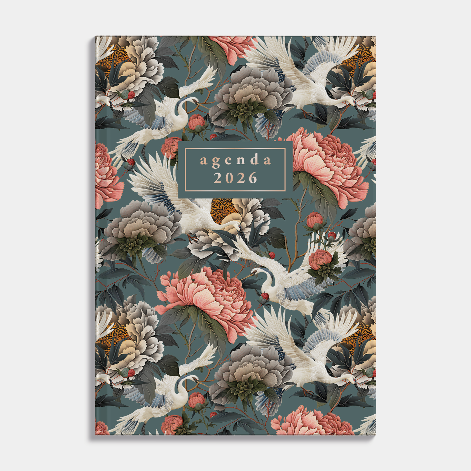 kleine agenda 2026 met chique print van kraanvogels en pioenen – vooraanzicht.