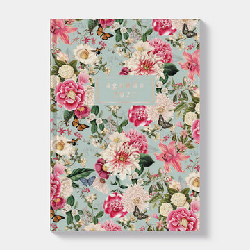 kleine agenda 2027 met brocante print van kleurrijke bloemen en insecten op een harde cover – vooraanzicht.