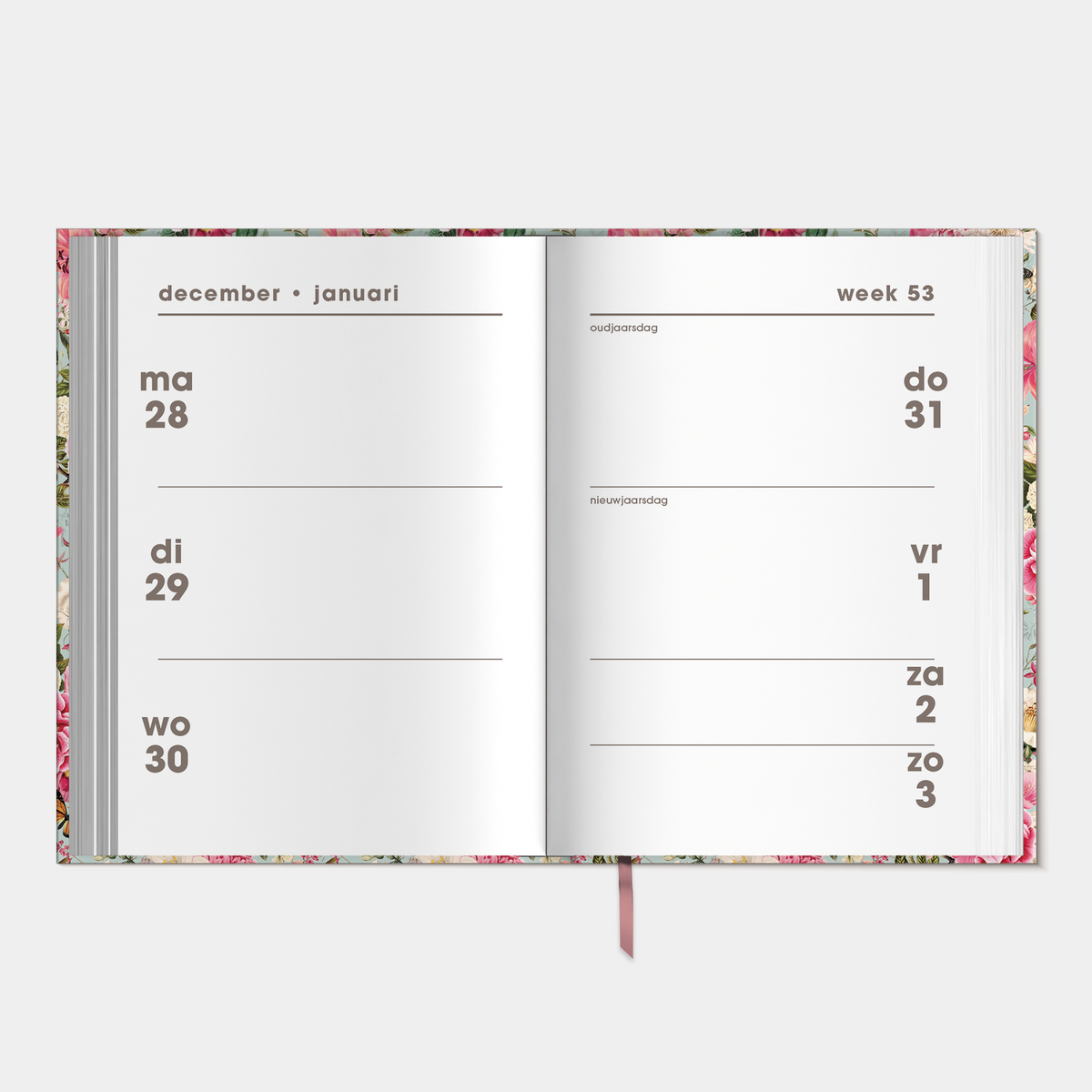 kleine agenda 2027 met brocante print van kleurrijke bloemen en insecten op een harde cover – binnenwerk met weekoverzicht.