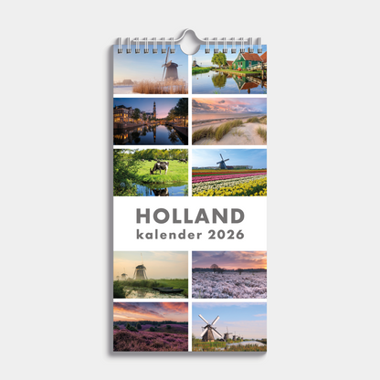 Kleine spiraalgebonden jaarkalender 2026 met afbeeldingen van Hollandse taferelen – vooraanzicht.