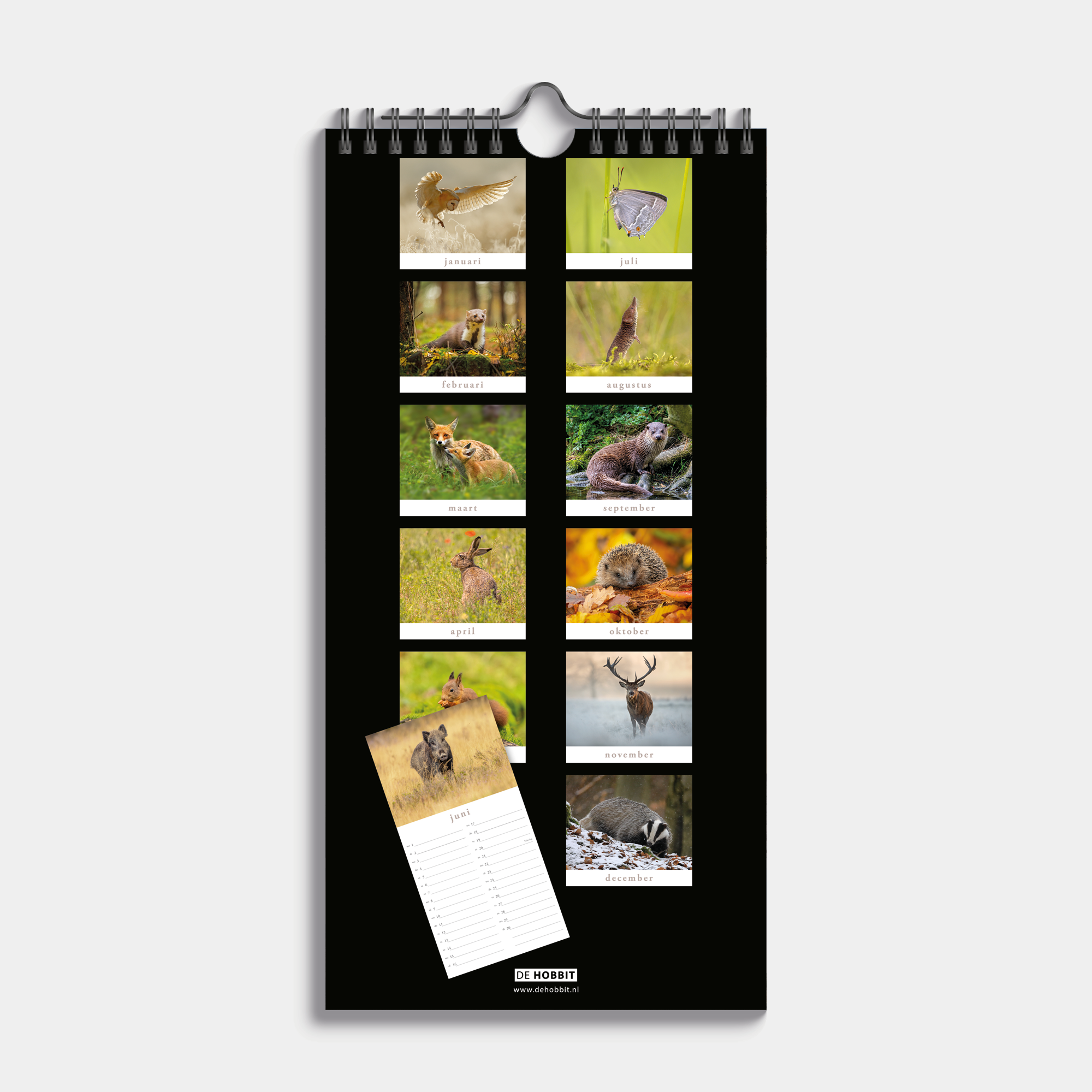 Kleine spiraalgebonden jaarkalender 2026 met foto's met van Nederlandse flora en fauna – achteraanzicht.