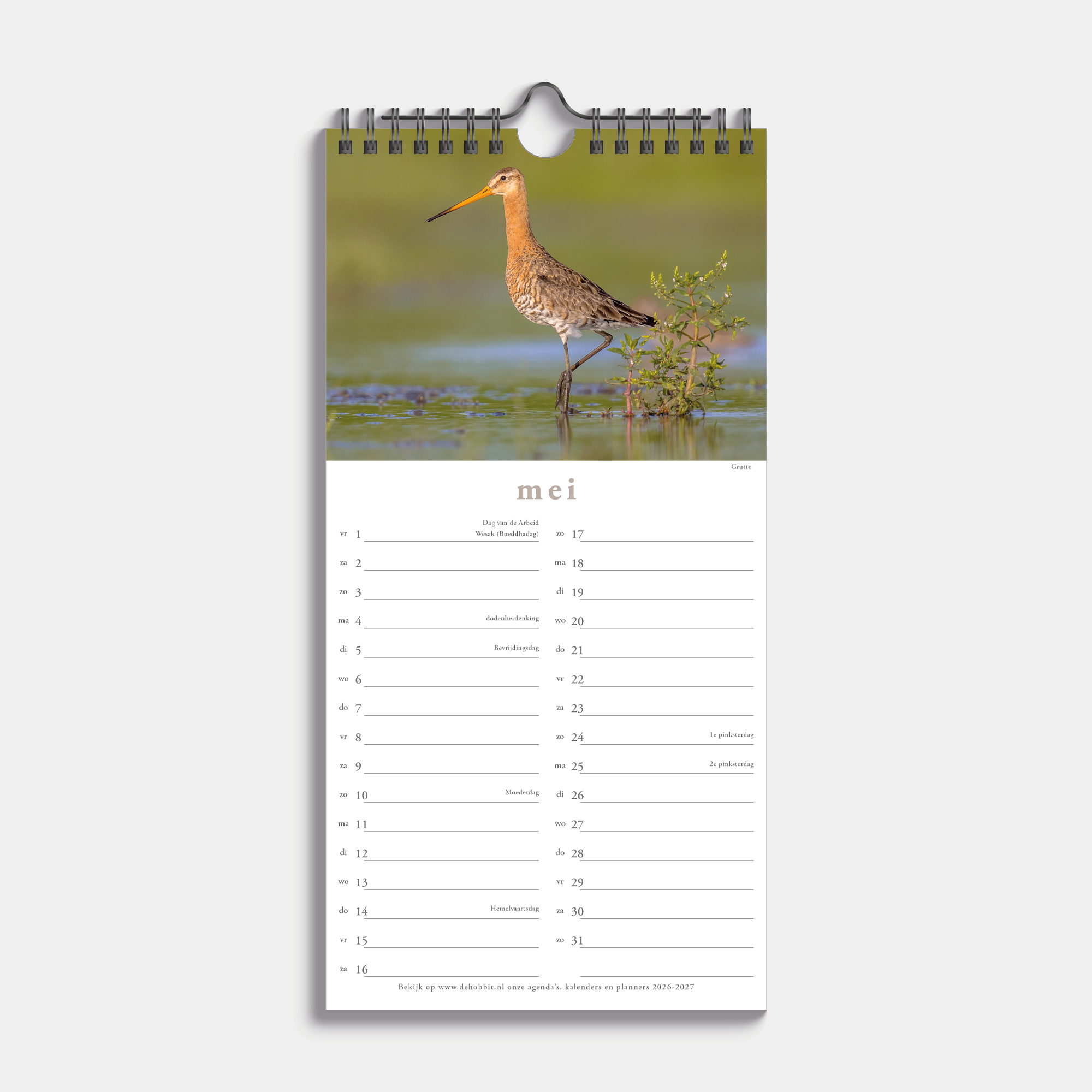 Kleine spiraalgebonden jaarkalender 2026 met vogels – binnenwerk met maandoverzicht.