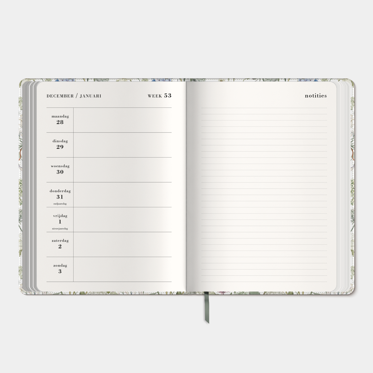 A5 notitieagenda 2027 met een flexibele coverhoes met weidebloemenprint – binnenwerk met weekoverzicht en bladzijde voor notities.