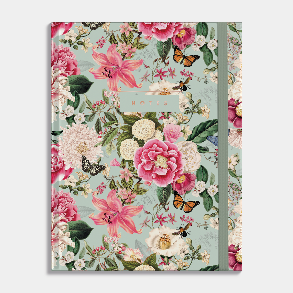 Notitieboek A4 met brocante print van rozen en vlinders, met een harde cover en elastische sluiting – vooraanzicht.