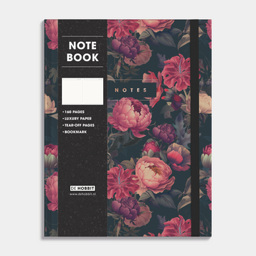 Notitieboek A4 met klassieke print van rode rozen op een donkere achtergrond, met een harde cover en elastische sluiting – vooraanzicht met informatieve banderol.