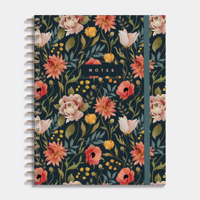 Notitieboek A4 met vintage bloemenprint voorzien van spiraalbinding, harde cover en elastische sluiting – vooraanzicht.