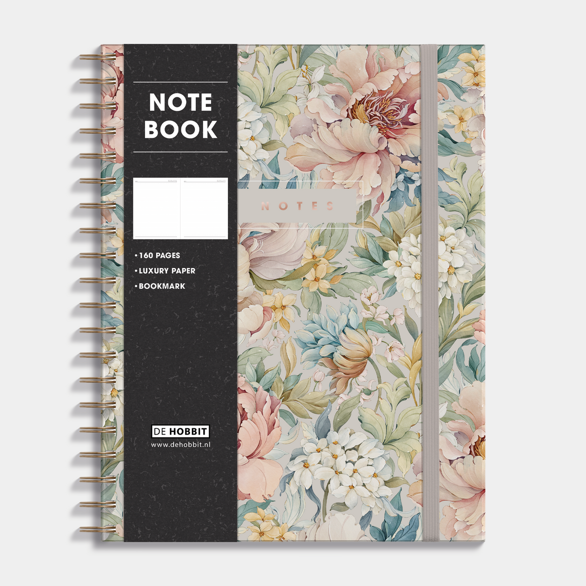 Notitieboek A4 met vintage print van pioenrozen, met een harde cover en elastische sluiting – vooraanzicht met informatieve banderol.