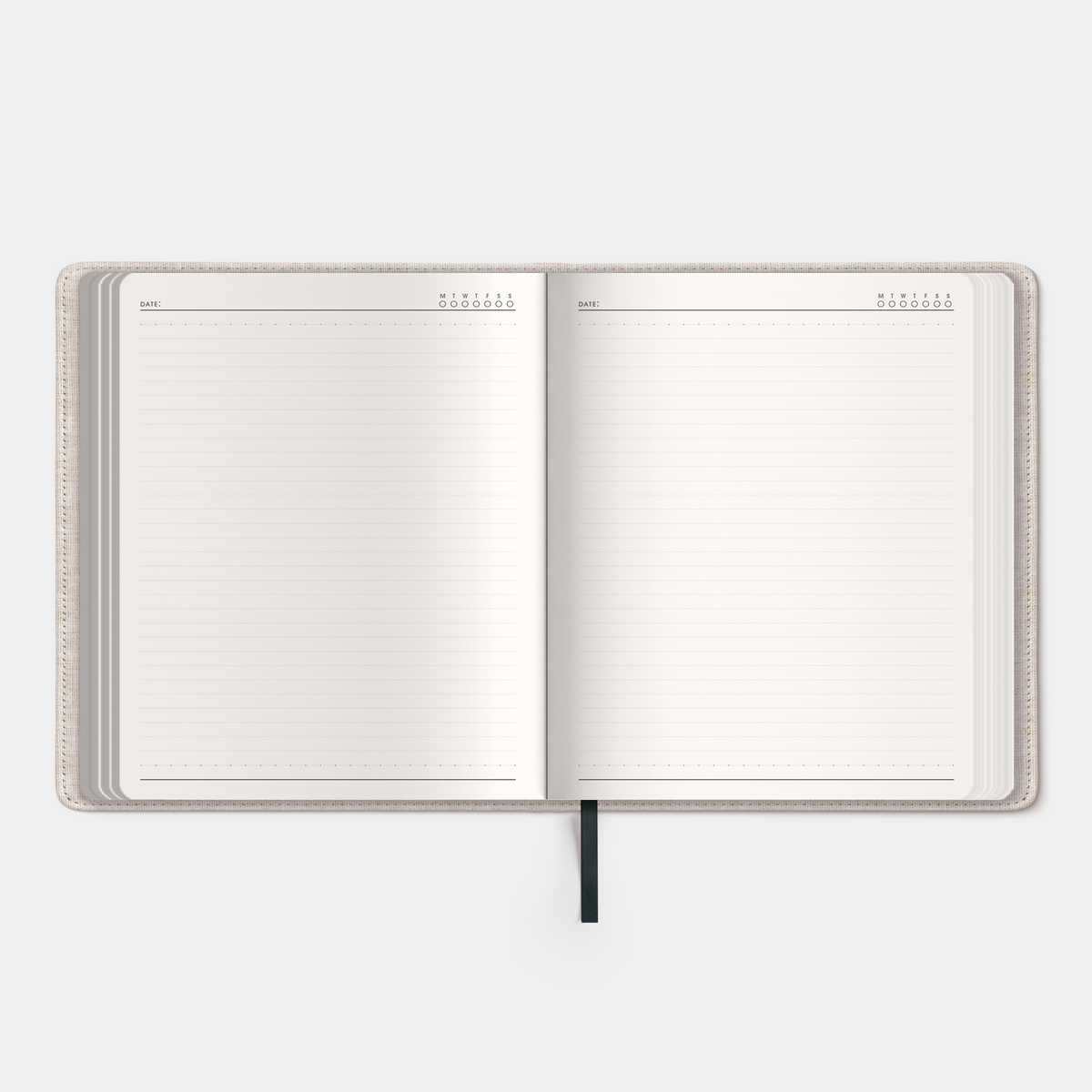 Notitieboek in het A5+ formaat met een flexibele linnen coverhoes – binnenwerk met notitieruimte.