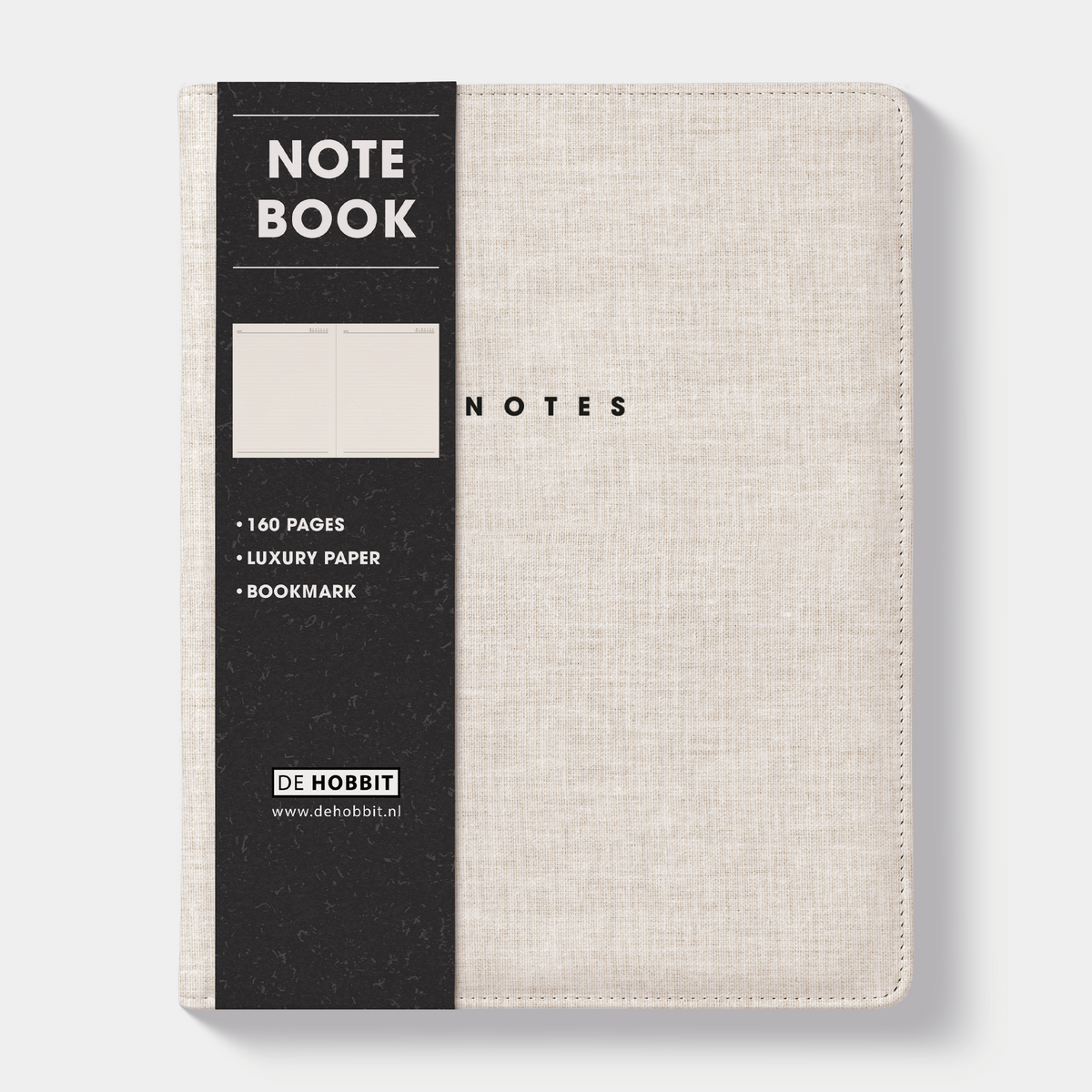 Notitieboek in het A5+ formaat met een flexibele linnen coverhoes – vooraanzicht met informatieve banderol.
