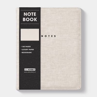Notitieboek in het A5+ formaat met een flexibele linnen coverhoes – vooraanzicht met informatieve banderol.
