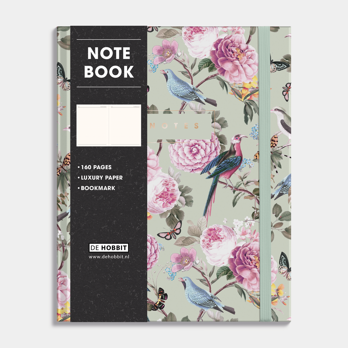 Notitieboek in het A5+ formaat met een romantische print van rozen, vlinders en vogels, met een harde cover en elastische sluiting – vooraanzicht met informatieve banderol.