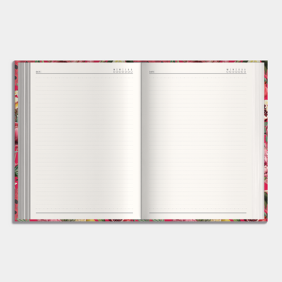 Notitieboek in het A5+ formaat met een tropische print van fruit en planten – binnenwerk met notitieruimte.