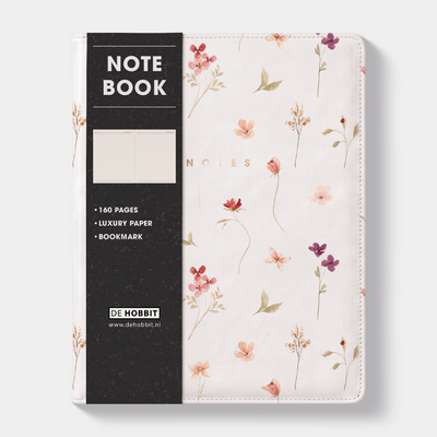 Notitieboek in het A5+ formaat met een flexibele coverhoes met een aquarel print van kleine bloemetjes – vooraanzicht met informatieve banderol.