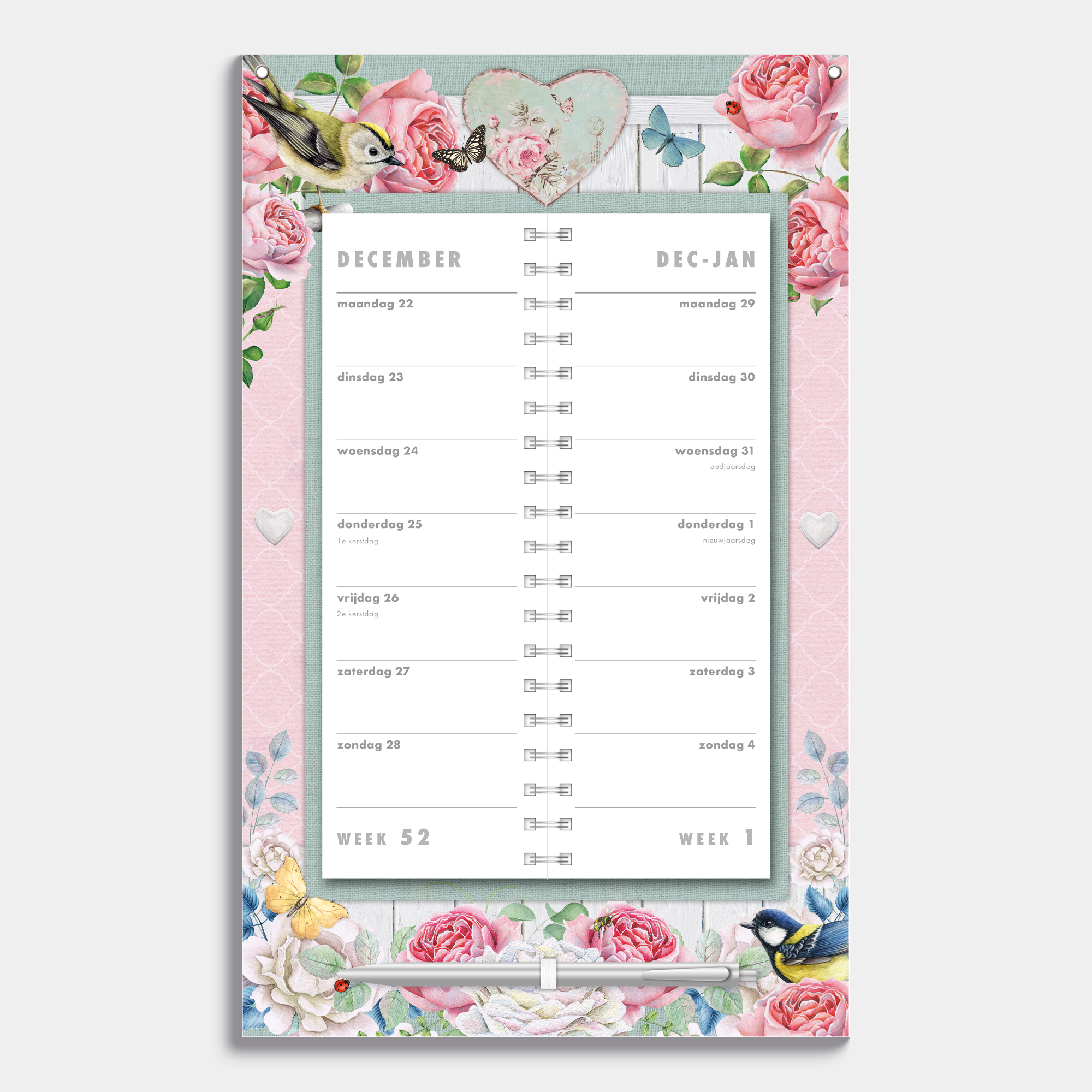 Omslagkalender 2026 met 2-weeks overzicht in ons brocante thema – binnenwerk met 2 weeks overzicht.