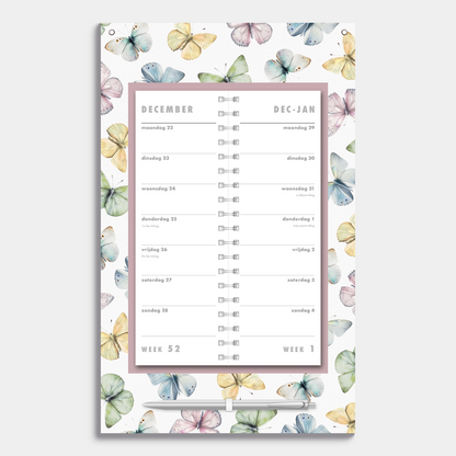 Omslagkalender 2026 met 2-weeks overzicht met vlindermotief – binnenwerk met 2 weeks overzicht.