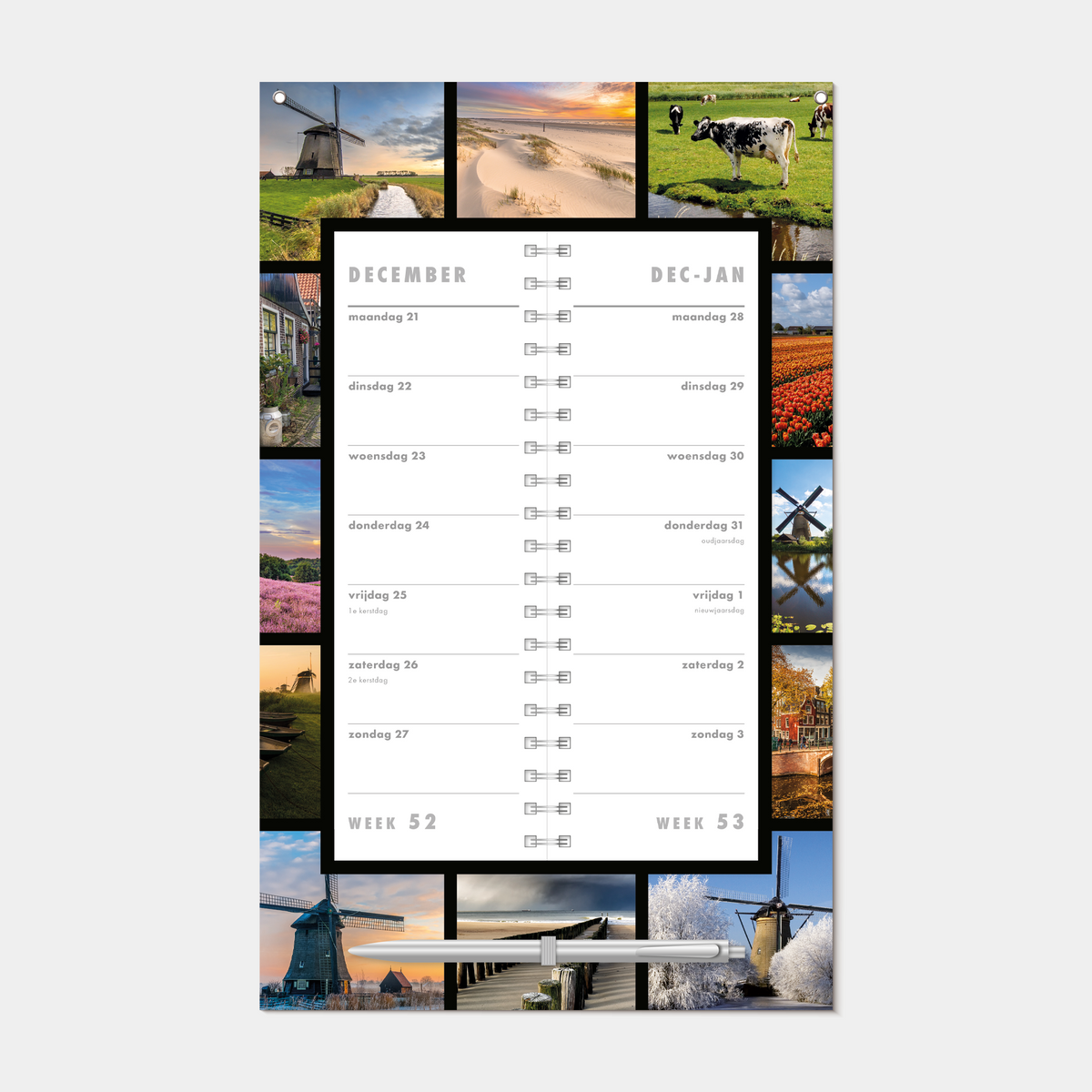 Omslagkalender 2027 met 2-weeks overzicht met afbeeldingen van Hollandse taferelen – binnenwerk met 2 weeks overzicht.