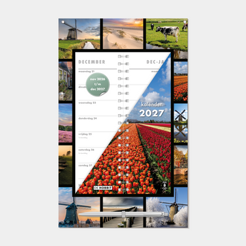 Omslagkalender 2027 met 2-weeks overzicht op een kartonnen bord met afbeeldingen van Hollandse taferelen, voorzien van een pen en ophangkoord – vooraanzicht.