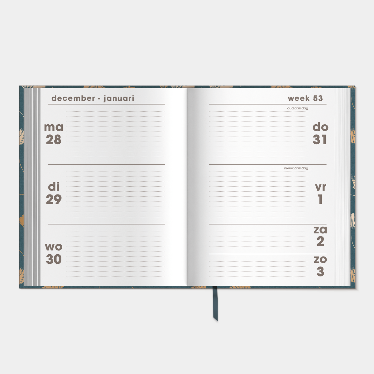 Pocket agenda 2027 in A6 formaat met een ontwerp van goudfolie ginkgo bladeren – binnenwerk met weekoverzicht.