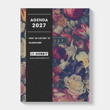 Pocket agenda 2027 in A6 formaat met een klassieke print van tulpen en dahlia's – vooraanzicht met informatieve banderol.