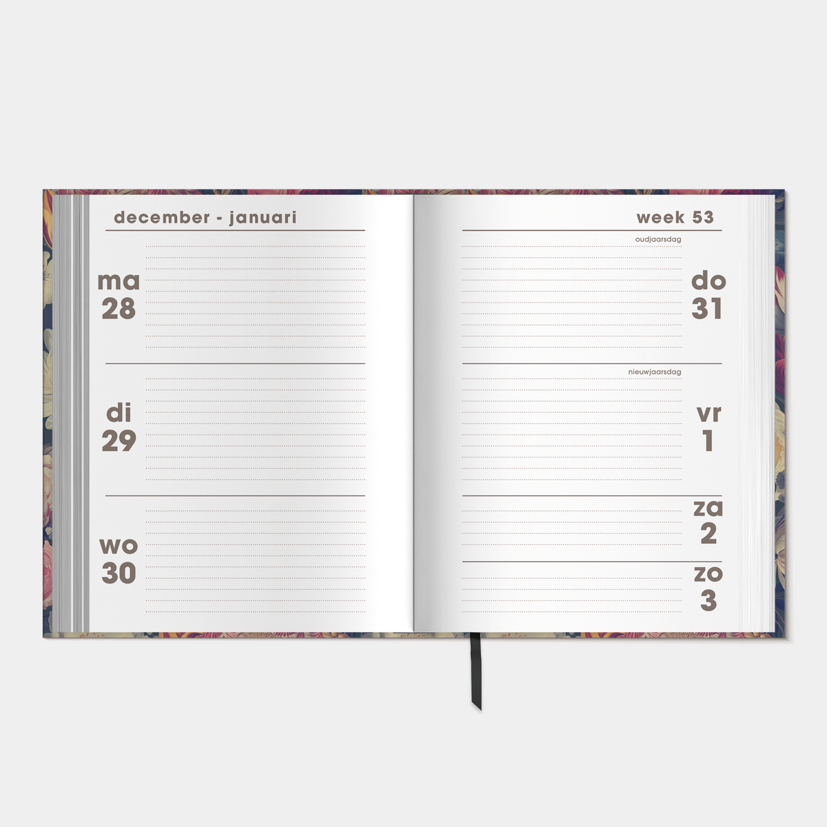 Pocket agenda 2027 in A6 formaat met een klassieke print van tulpen en dahlia's – binnenwerk met weekoverzicht.