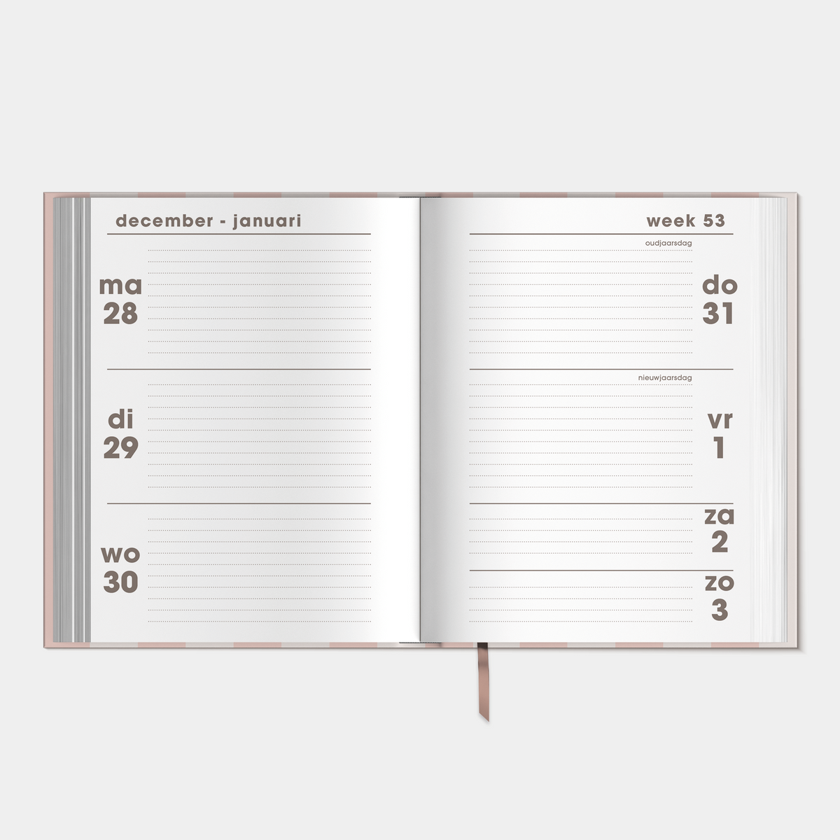 Pocket agenda 2027 in A6 formaat verticale pastelroze strepen – binnenwerk met weekoverzicht.