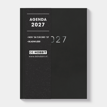 Kleine agenda 2027 in A6 formaat met een harde zwarte kaft – vooraanzicht met informatieve banderol.