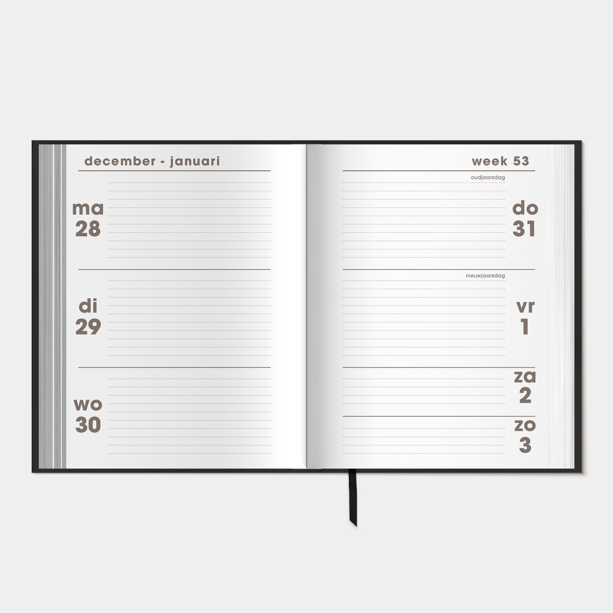 Kleine agenda 2027 in A6 formaat met een harde zwarte kaft – binnenwerk met weekoverzicht.