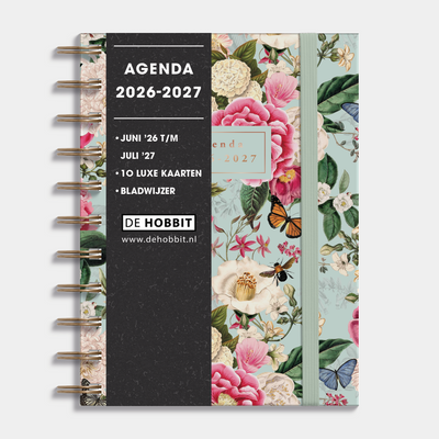 Ringband agenda 2026-2027 in A6 met brocante print, harde cover en elastische sluiting – vooraanzicht met informatieve banderol.