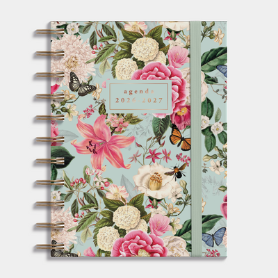 Ringband agenda 2026-2027 in A6 met brocante print, harde cover en elastische sluiting – vooraanzicht.