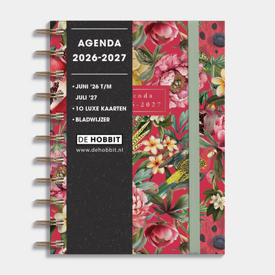 Ringband agenda 2026-2027 in A6 met print van tropisch fruit en bloemen, harde cover en elastische sluiting – vooraanzicht met informatieve banderol.