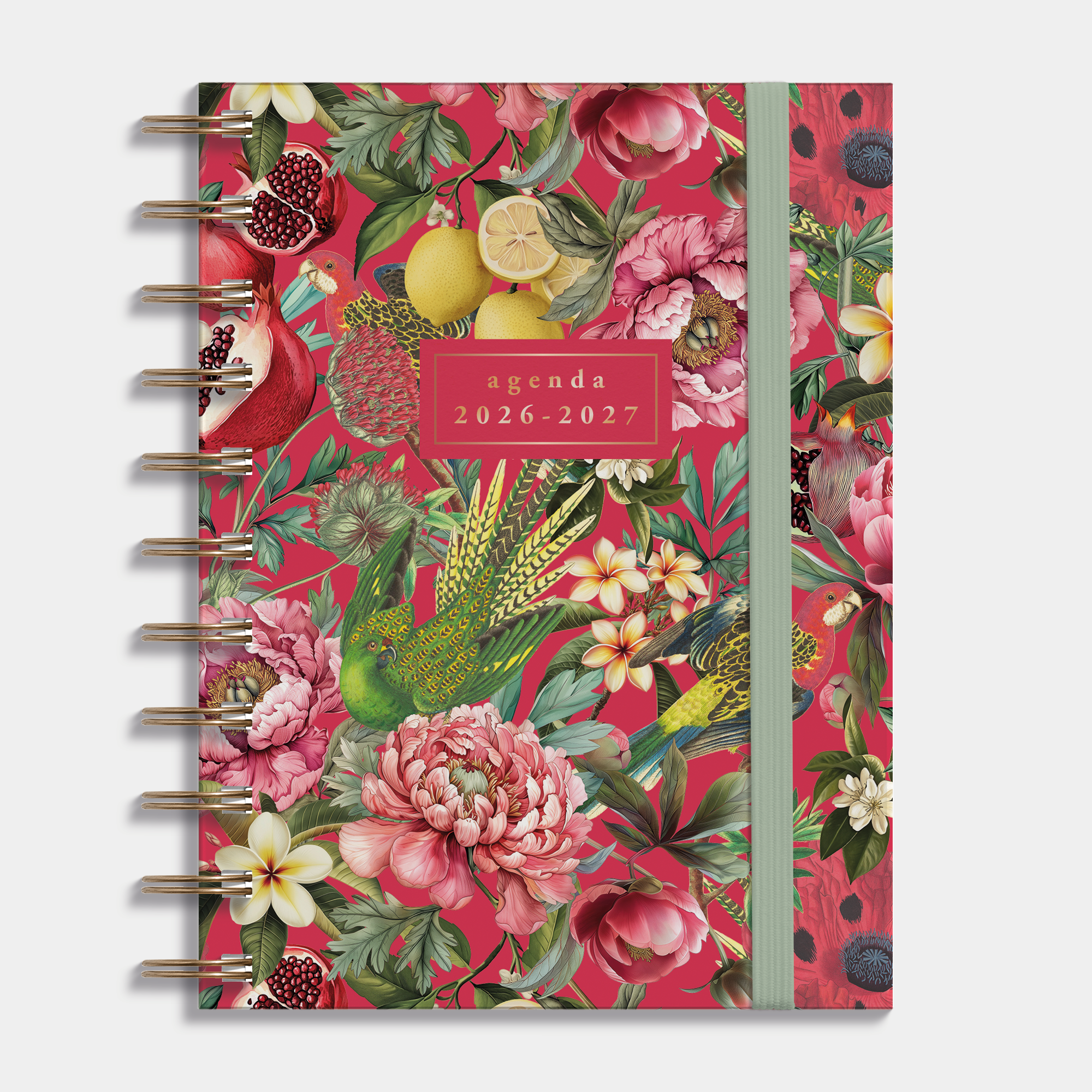 Ringband agenda 2026-2027 in A6 met print van tropisch fruit en bloemen, harde cover en elastische sluiting – vooraanzicht.
