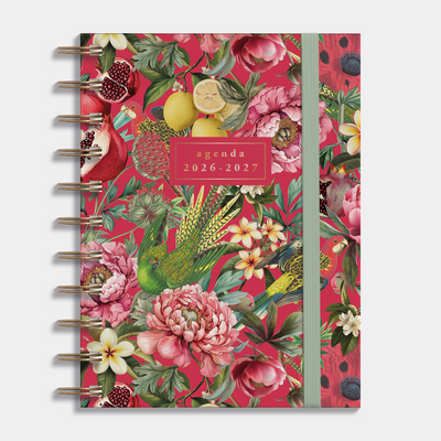 Ringband agenda 2026-2027 in A6 met print van tropisch fruit en bloemen, harde cover en elastische sluiting – vooraanzicht.