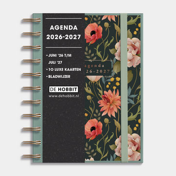 Ringband agenda 2026-2027 in A6 met vintage bloemenprint op insteekkaart, flexibele cover en elastische sluiting – vooraanzicht met informatieve banderol.
