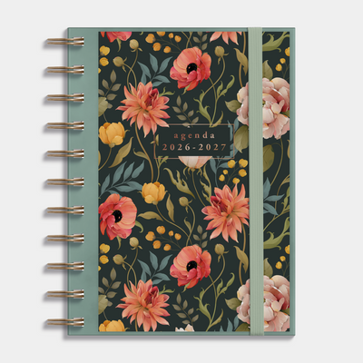 Ringband agenda 2026-2027 in A6 met vintage bloemenprint op insteekkaart, flexibele cover en elastische sluiting – vooraanzicht.