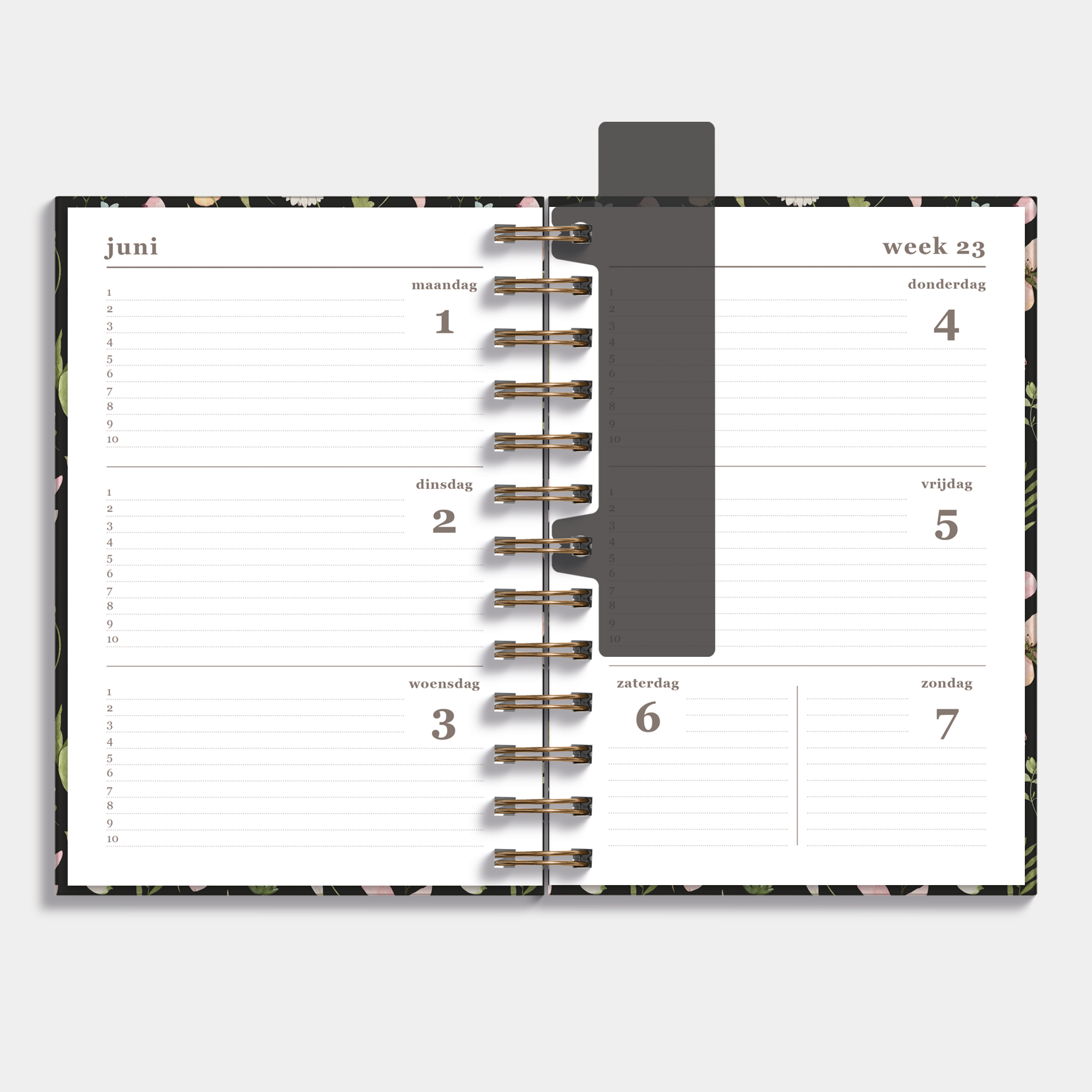 Ringband agenda 2026-2027 met print van wilde bloemetjes, harde cover en elastische sluiting – weekoverzicht.