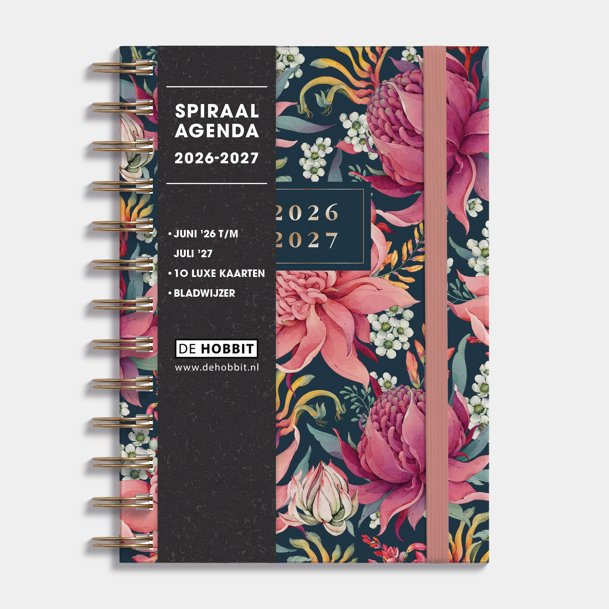 Ringband agenda 2026-2027 met exotische print van proteas, harde cover en elastische sluiting – vooraanzicht met informatieve banderol.