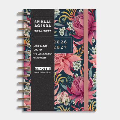 Ringband agenda 2026-2027 met exotische print van proteas, harde cover en elastische sluiting – vooraanzicht met informatieve banderol.