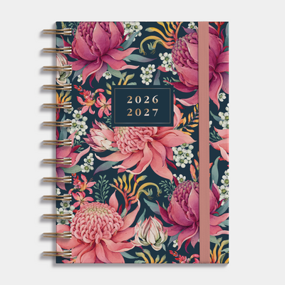 Ringband agenda 2026-2027 met exotische print van proteas, harde cover en elastische sluiting – vooraanzicht.