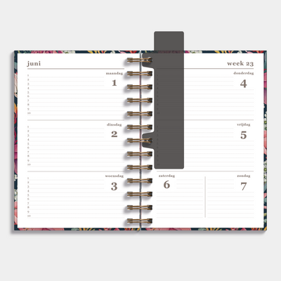 Ringband agenda 2026-2027 met exotische print van proteas – weekoverzicht.