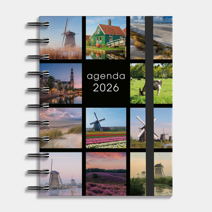 A6 ringband agenda 2026 met afbeeldingen van Hollandse taferelen, harde cover en elastische sluiting – vooraanzicht.