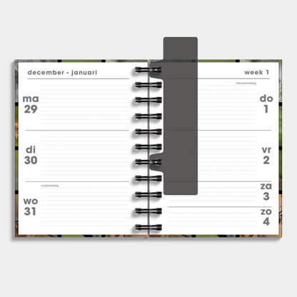 A6 ringband agenda 2026 met afbeeldingen van vogels – binnenwerk met weekoverzicht.