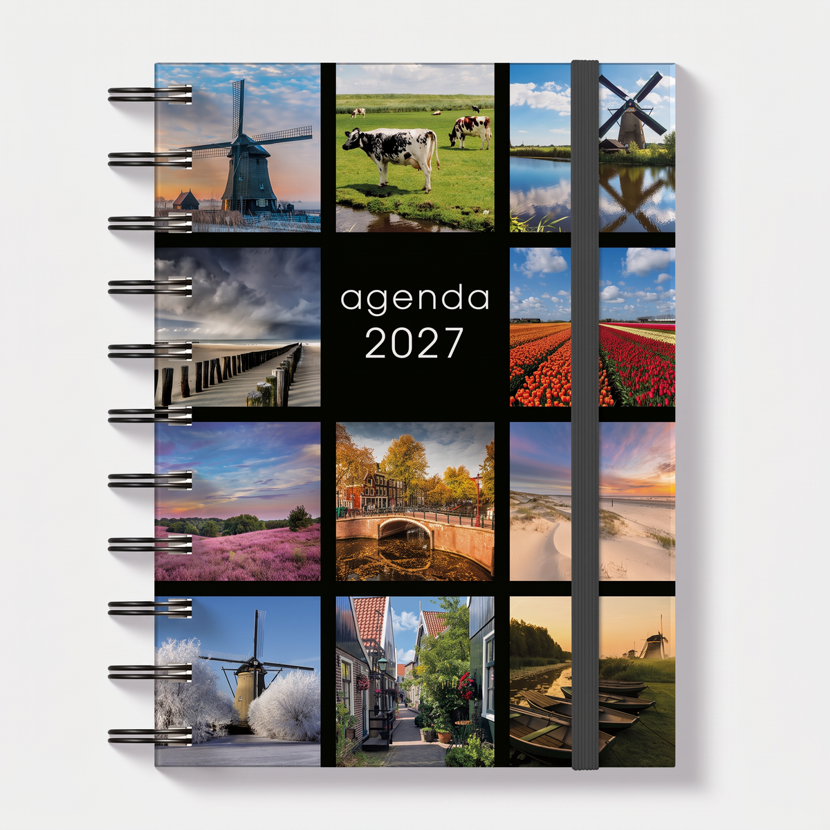 A6 ringband agenda 2027 met afbeeldingen van Hollandse taferelen, harde cover en elastische sluiting – vooraanzicht.