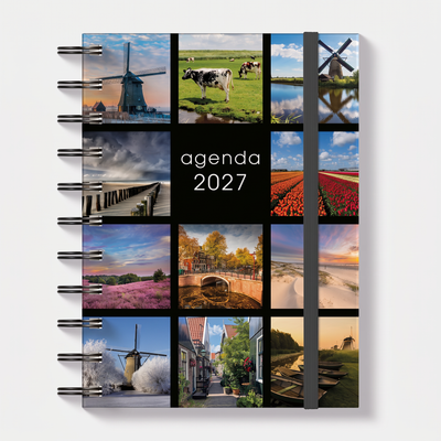A6 ringband agenda 2027 met afbeeldingen van Hollandse taferelen, harde cover en elastische sluiting – vooraanzicht.