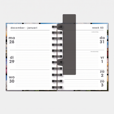 A6 ringband agenda 2027 met afbeeldingen van Hollandse taferelen – binnenwerk met weekoverzicht.